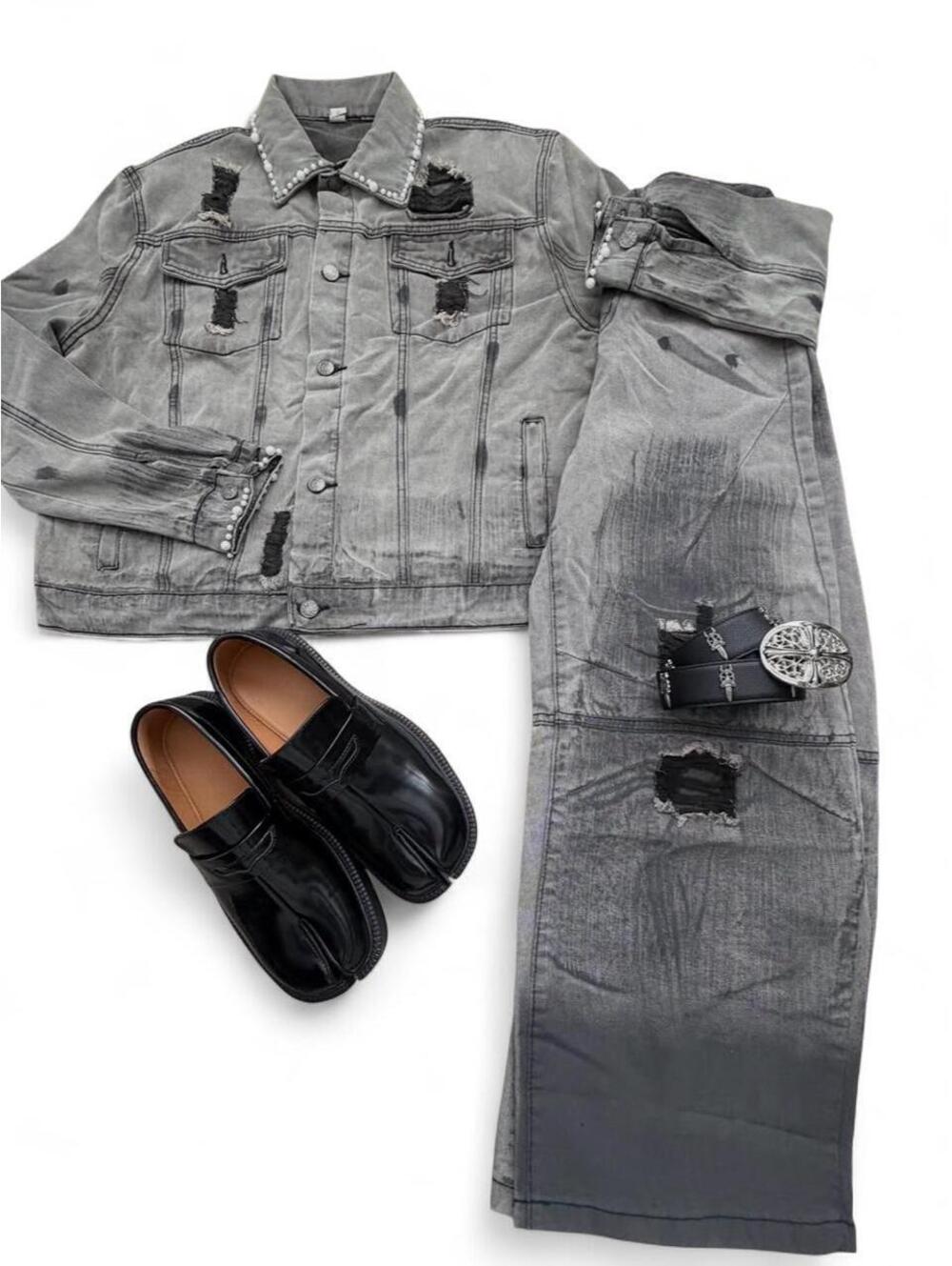 Gray denim jacket and pants set with black distressed